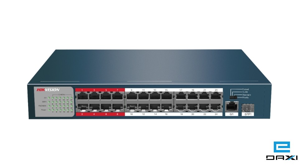 არამართვადი POE სვიჩი,24 Port, Hikvision DS-3E0326P-E/M 24 x 10/100 Mbps PoE ports, 1 x 10/100/1000 Mbps uplink ethernet port and 1 x 10/100/1000 Mbps uplink SFP port