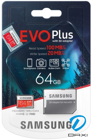 მეხსიერების ბარათი, MB-MC64HA/RU, Samsung EVO Plus 64GB Micro SDXC UHS-I U3