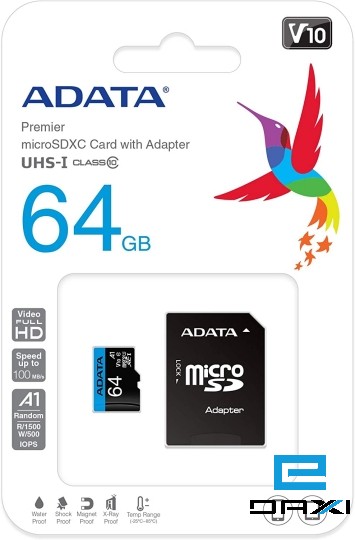 მეხსიერების ბარათი, AUSDX64GUICL10A1-RA1, ADATA 64GB Premier microSDHC UHS-I U1 Card (Class10)