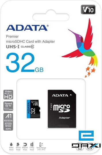 მეხსიერების ბარათი გადამყვანით, ADATA 32GB, AUSDH32GUICL10A1-RA1, ADATA MicroSD Card CL10 with adaptor-Retail packing