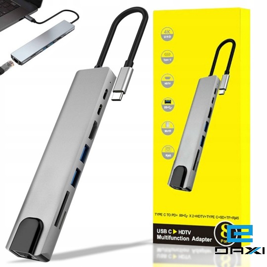 8 in 1 Type C Hub (HDMI4K30Hz + USB3.0 + USB2.0 + RJ45 Lan