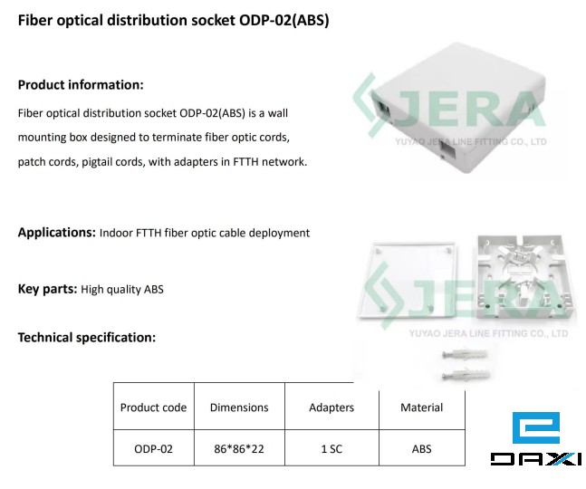 Distribution socket ODP-02 FTTH ოპტიკური ყუთი, 2XSC ადაპტერის ტევადობით ODP-02