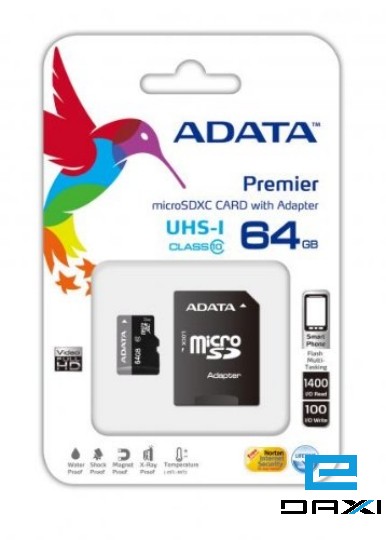 მეხსიერების ბარათი, ADATA 64GB, AUSDX64GUICL10-RA1, Premier microSDHC UHS-I U1 Card (Class10)