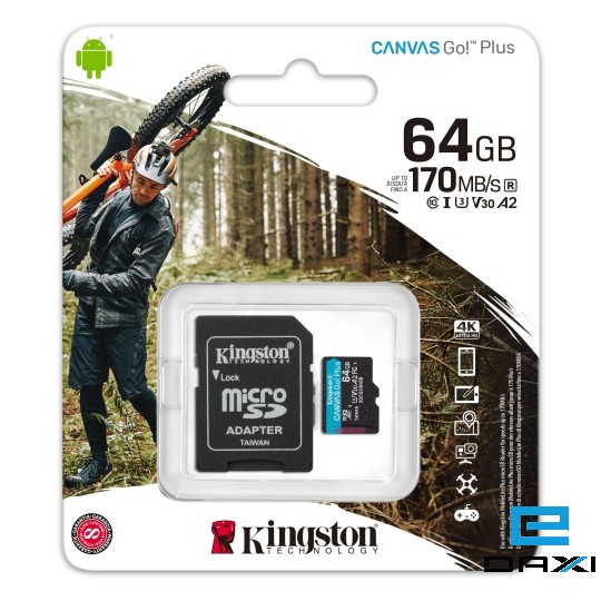 მეხსიერების ბარათი გადამყვანით, Kingston 64GB SDCG3/64GB, microSD Go Plus 170R V30