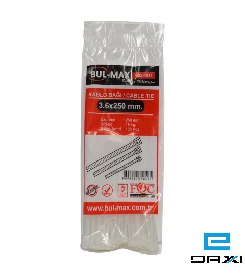 პლასმასის ხამუთი, 3.6x250mm, 100PCS, BMX-4952 თეთრი BUL-MAX
