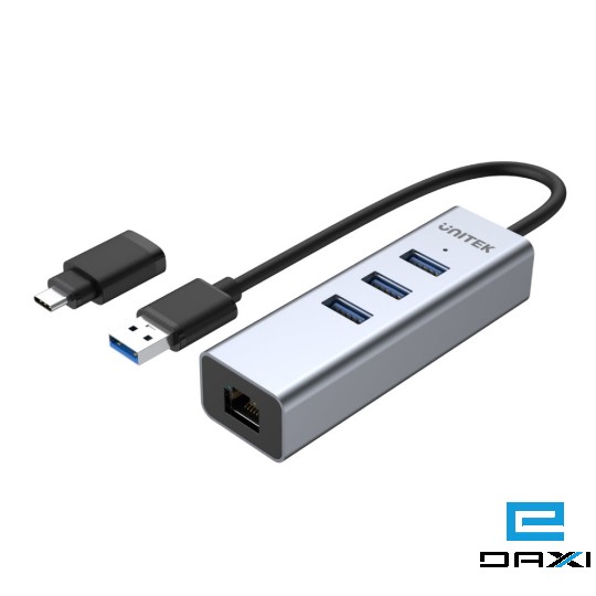 გადამყვანი USB to LAN + 3 USB Port, HUB H1906A, UNITEK 4-in-1 USB3.0 Aluminum Hub (3-Port USB-A + Gigabit Ethernet), Space Grey