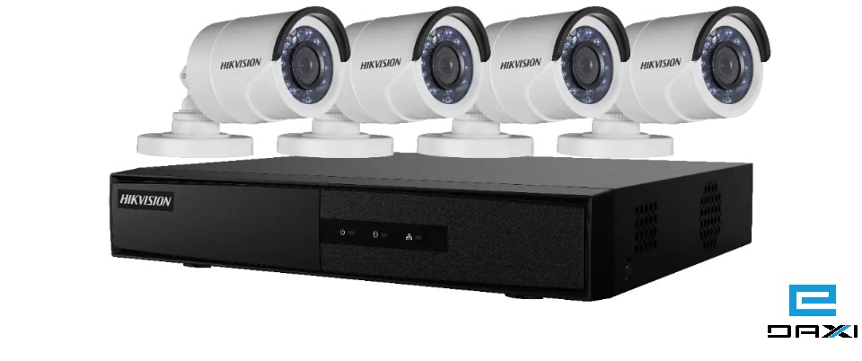 ანალოგური ვიდეო სამეთვალყურეო კამერების კომპლექტი, 4CH 1MP Hikvision DS-J142I/7104HGHI-F1+4CAM, H.264 Bullet Kit,